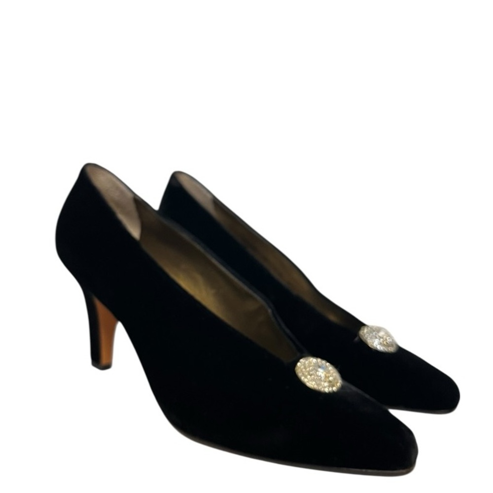 Yves Saint Laurent Black Velvet Jeweled Pointed Toe Heels Size 7.5 Party Vintage - Picture 5 of 11